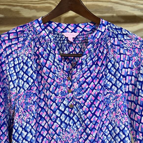 Lilly Pulitzer Elsa Silk Top in Pop Up Toe In Print Blue Pink Pineapple Sz XXS - Picture 5 of 12